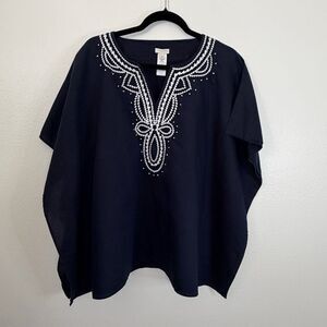 Talbots Factory Poncho Top Linen Blend Size S/M Navy Embroidered Popover